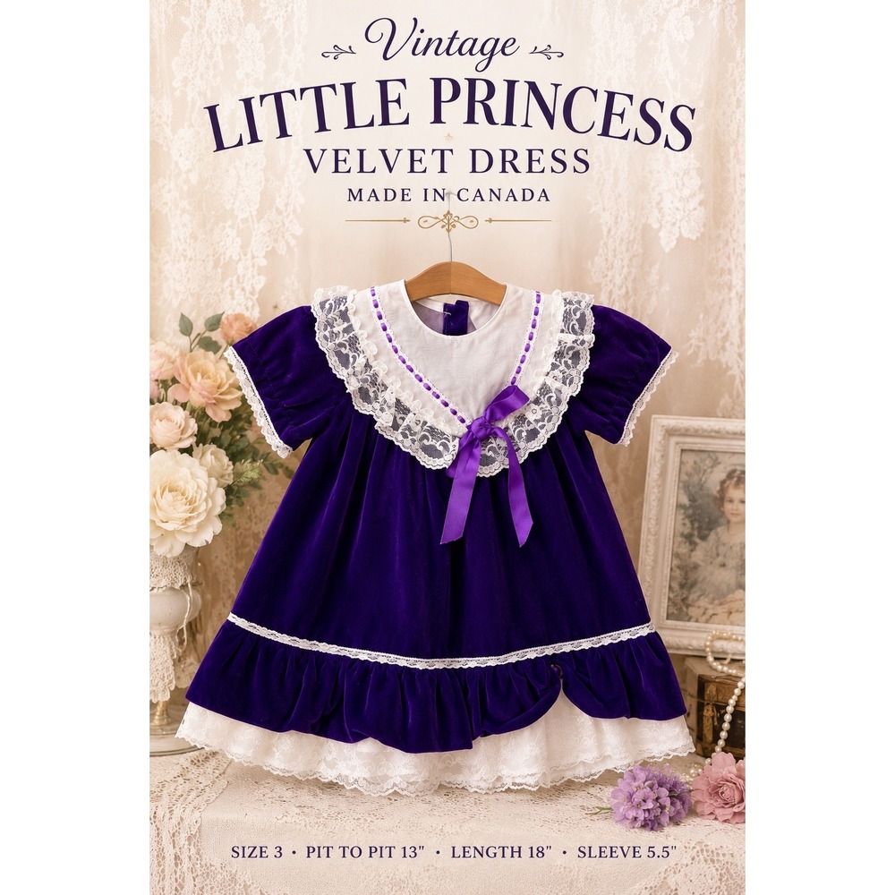 Vintage Purple Velvet Toddler Dress Lace Satin Bow Made In Canada Size 3